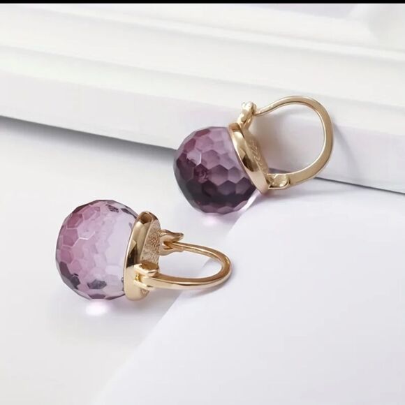 Dainty Gold Vintage Style Purple/Red Crystal Ball Drop Dangle Earrings - Picture 2 of 4